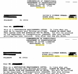 Restoration Requirements letter showing over 2 years of drivers license suspension time saved.