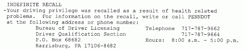 Indefinite Recall suspension phone number PennDOT
