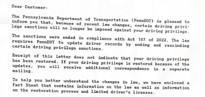 PA ACT 107 letter to driver